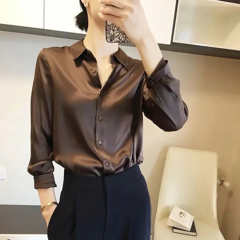 Clothes Spring Tops for Women Silk Wear To Work Formal Button Up Womens Shirt & Blouse Office Outfits Loose Satin Long Sleeve M  Amaijoin