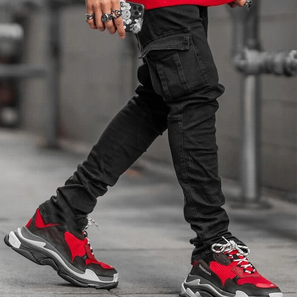 Street Elastic Jeans Men Denim Cargo Pants Wash Solid Color Multi Pockets Casual Mid Waist Trousers Slim Fit Daily Wear Joggers  Amaijoin