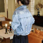 Load image into Gallery viewer, Lucyever 2022 Spring Autumn Denim Jacket Women Fashion Sequin Short Lapel Jean Coats Woman Casual  Full Sleeve Loose Button Coat  Amaijoin
