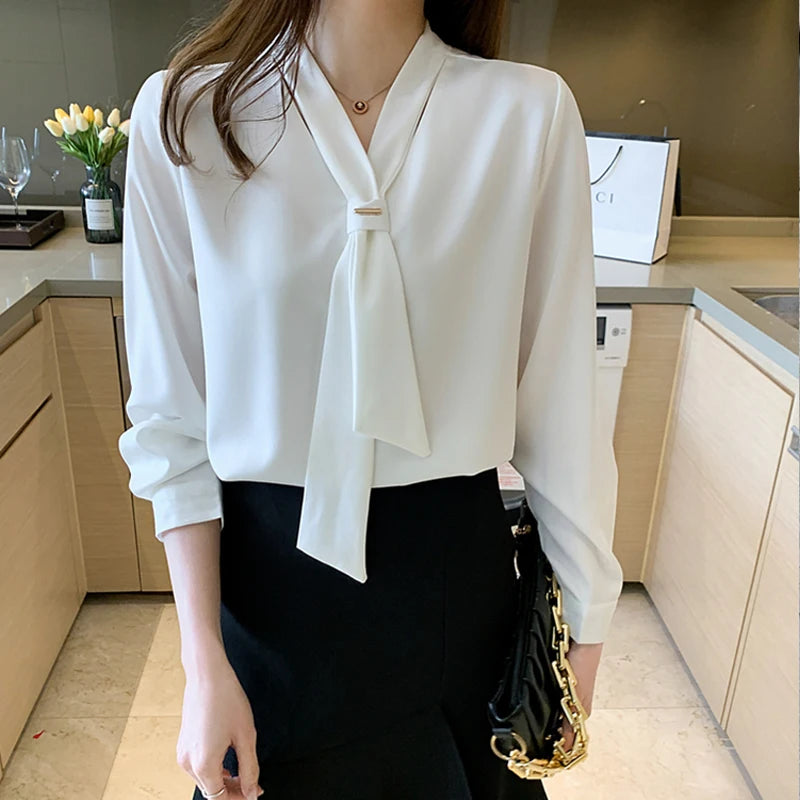 2023 New Fashion Chiffon Women Blouse And Tops Office Long Sleeve White Women Shirts With Tie V Neck Loose Female Clothing 13022  Amaijoin