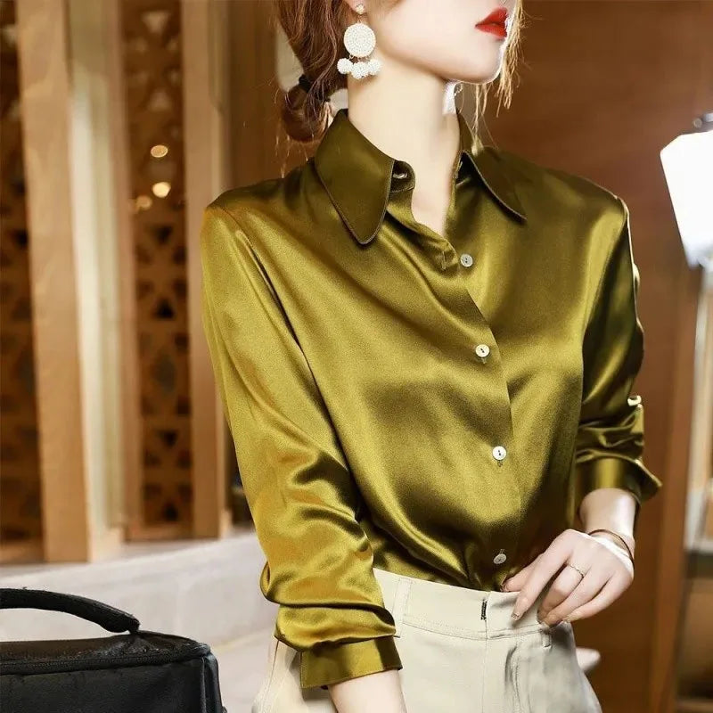 Lucyever High Quality Imitation Silk Blouse Women Fashion Long Sleeve Loose Satin Blouses Korean Style Office Lady Stand Shirts  Amaijoin