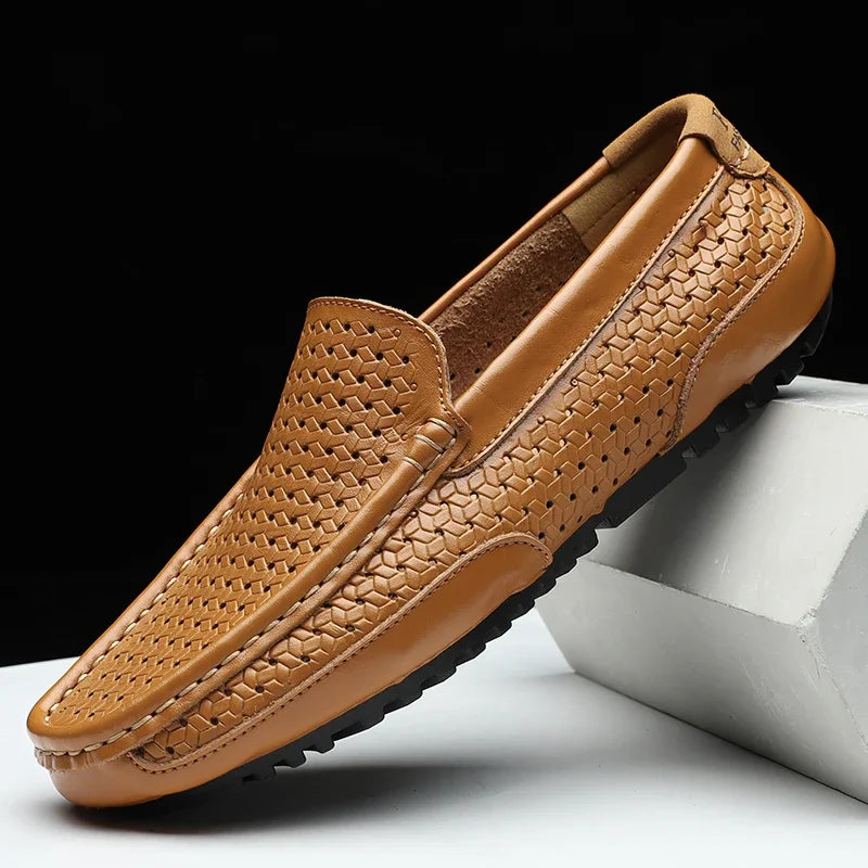 2023 Summer Men Casual Shoes Luxury Brand Genuine Leather Mens Loafers Moccasins Hollow Out Breathable Slip on Driving Shoes  Amaijoin