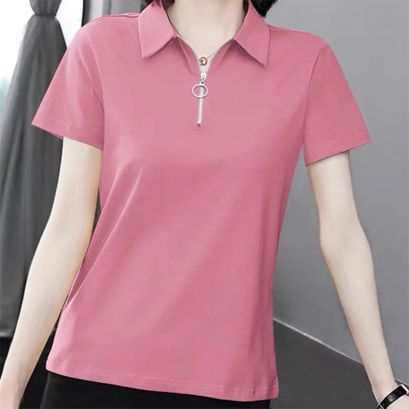 Women Simple Casual Half Zipper Tees Solid Loose Polo Collar T-shirt 2024 Summer Korean Short Sleeve Pullover Tops Ropa De Mujer  Amaijoin