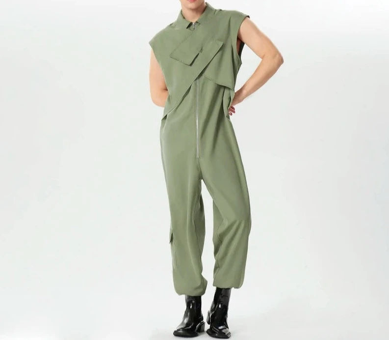 2024 Men Jumpsuits Solid Color Lapel Sleeveless Zipper Streetwear Casual Male Rompers Loose Fashion Cargo Overalls S-5XL INCERUN  Amaijoin