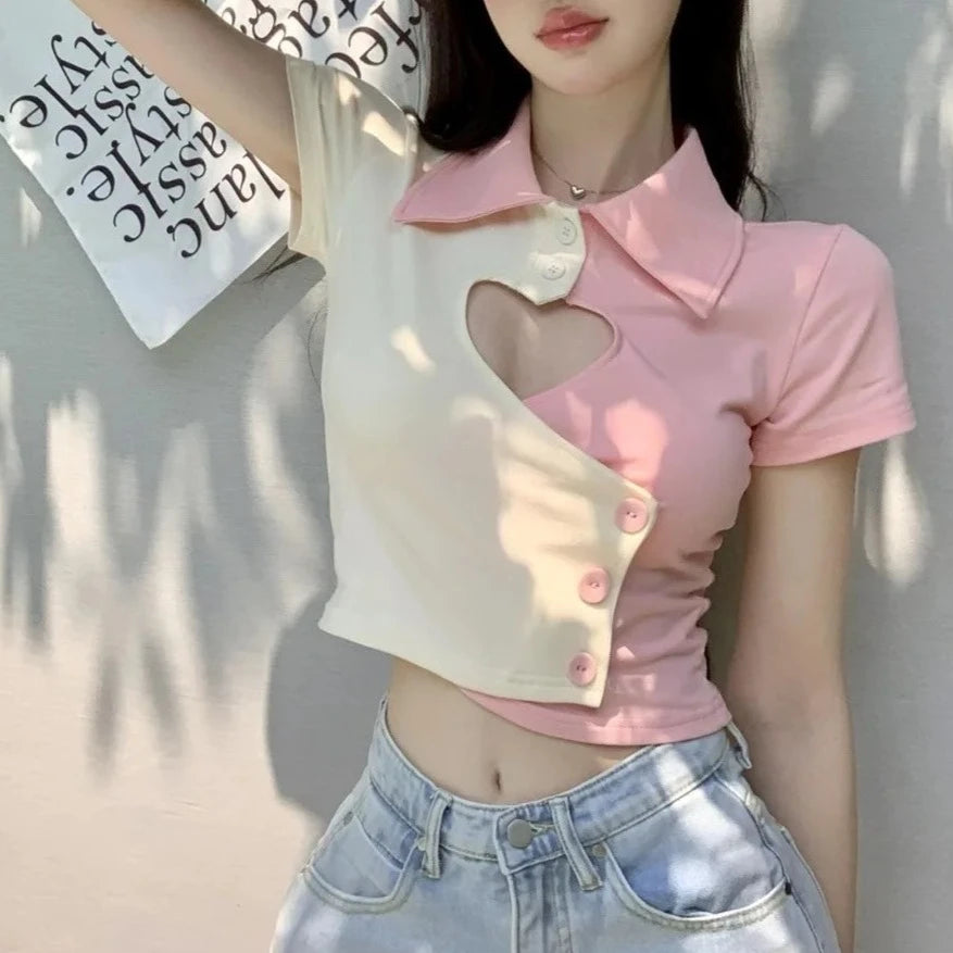 2023 summer women pure desire wind irregular love hollow short-sleeved Tshirt female summer Slim polo collar short paragraph top  Amaijoin