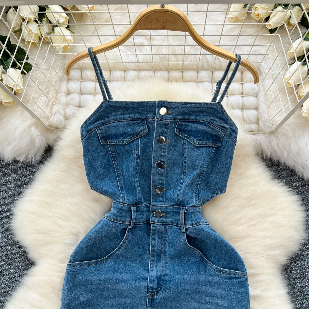 Women Summer Jeans Dresses Single Breasted Slim Waist Spaghetti Strap Taseel Split Long Denim Dress Vestidos  Amaijoin