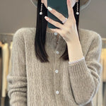 Load image into Gallery viewer, Round Neck 100% Merino Wool Cardigan Spring Autumn New Hollow Out Fashion Long Sleeved Solid Color Knitted Cardigan Sweater Top  Amaijoin
