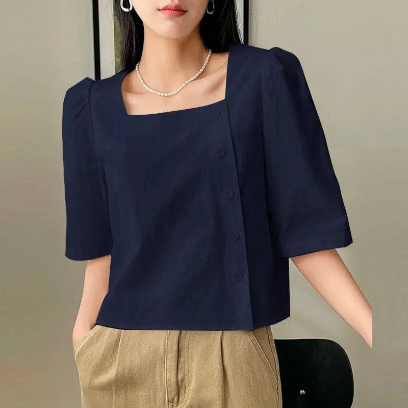 2024 VONDA Women Summer Fashion Blouses Shirts Square Collar Tops Tunic Half Puff Sleeve Casual Solid Color Buttons Loose Blusas  Amaijoin