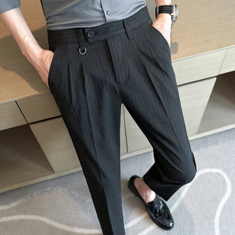 British Striped Suit Pants for Men Spring/summer Casual Business Formal Pants Slim Fit Ankle Length Streetwear Trousers 28-36  Amaijoin