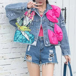 Load image into Gallery viewer, 2024 New Women Coat Cartoon Sticker Embroidered Sequin Short Denim Jacket Loose Bowknot Top  Amaijoin
