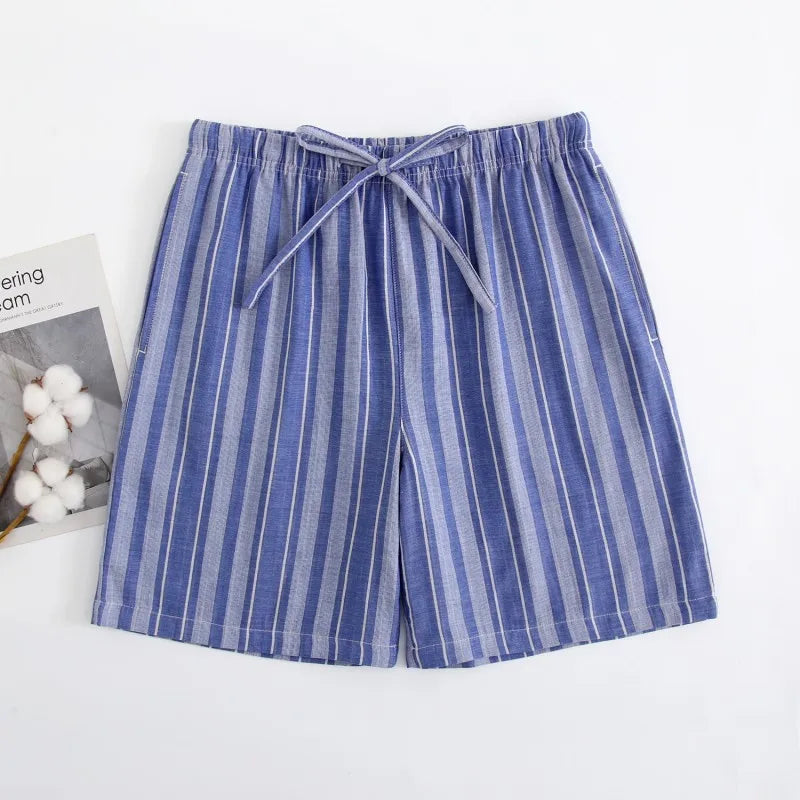 Summer Men Sleep Bottoms 100% Cotton Pajama Shorts Male Sleepwear Pants Men Home Shorts Striped Lounge Wear Shorts  Amaijoin