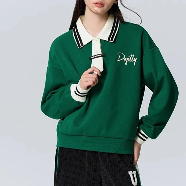 Semir Sweatshirt Women Polo Collar Letter Art Winter Loose Contrasted Color Temperament Trendy Plus Velvet Pullover  Amaijoin