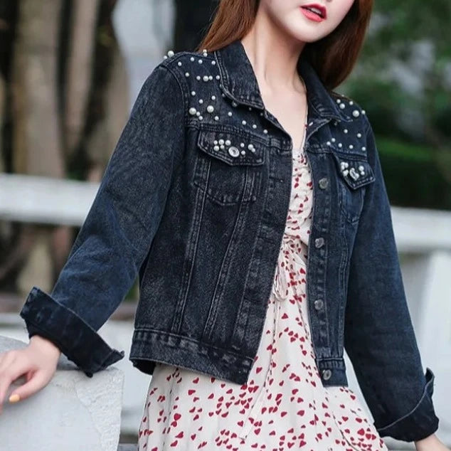 2024 Women's Short Denim Jacket Beaded Pearl Jacket Loose Spring and Autumn New Denim Jacket  Amaijoin