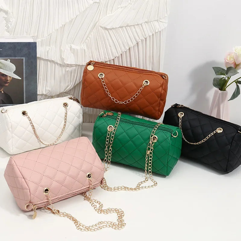 A trendy fashion casual diamond pattern embroidered chain diagonal cross cylinder bag with niche design shoulder bag  Amaijoin