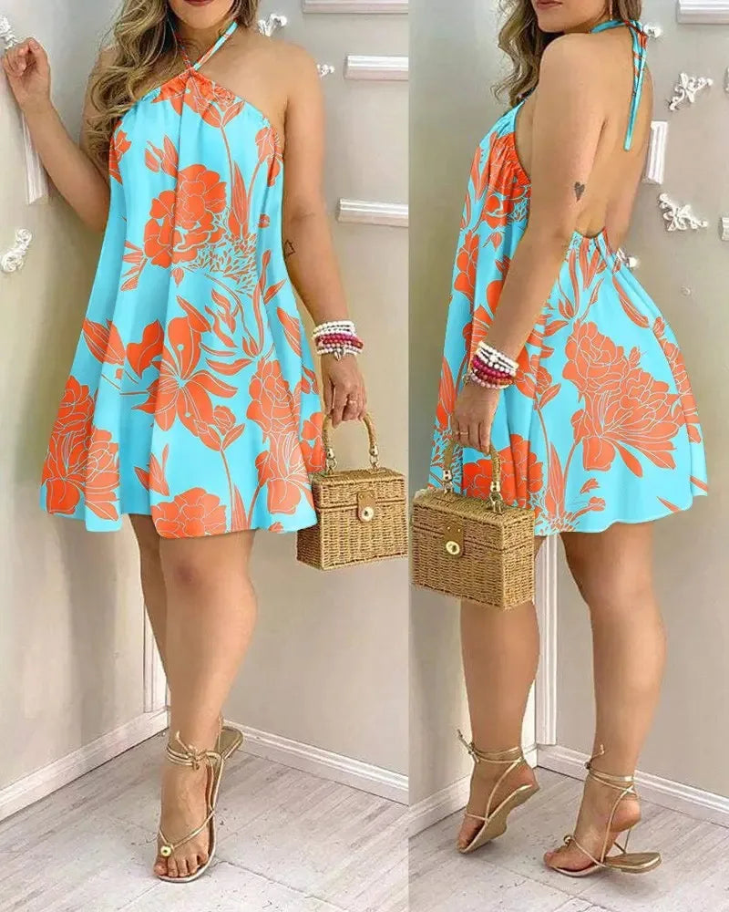 Tropical Print Halter Neck Dress, Vacation Style Backless Dress For Spring & Summer, Women's Clothing  Amaijoin