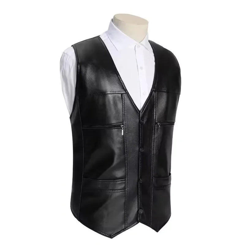 Hot Sale Mens PU Leather Vest Thick Warm Male Overcoat Plus Size safety biker Vests Outwear Fashion Waistcoat tactical vest  Amaijoin