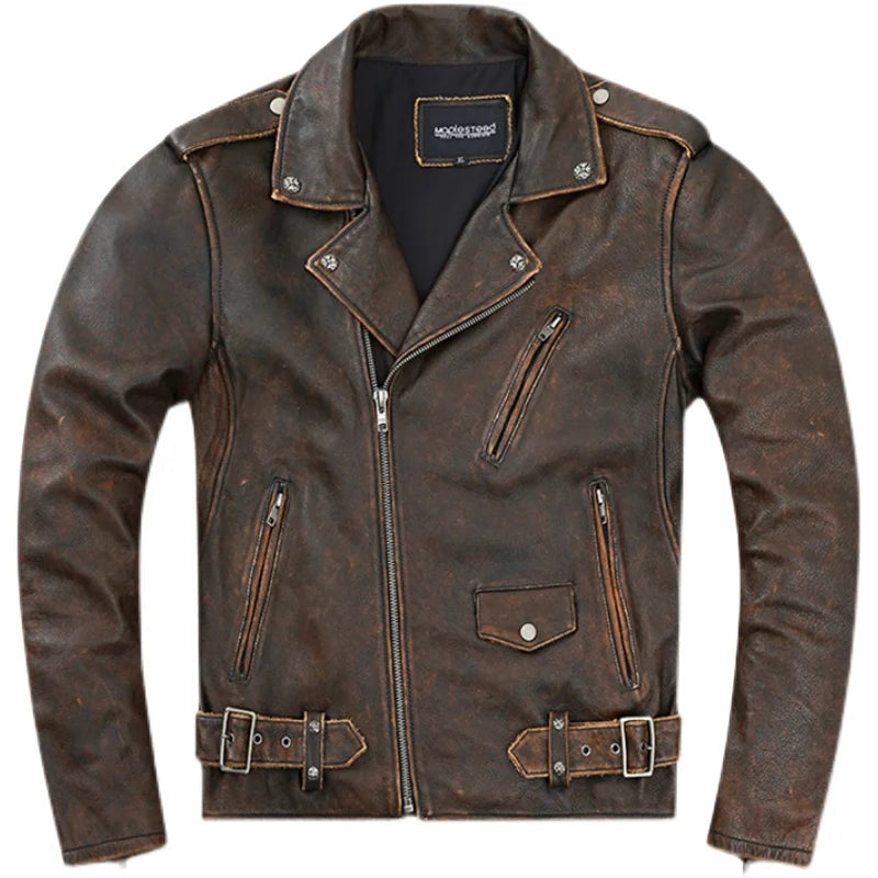 Cowhide Leather Leather Coat Men's Retro Distressed Motorcycle Cycling Clothing Trendy Youth LapeSpring and Autumn Coat  Amaijoin