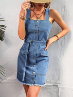 Load image into Gallery viewer, Square Neck Sleeveless Frayed Hem Belted Denim Dress Women Button Front Tank Sundress Female Casual Mini Jeans Dresses  Amaijoin
