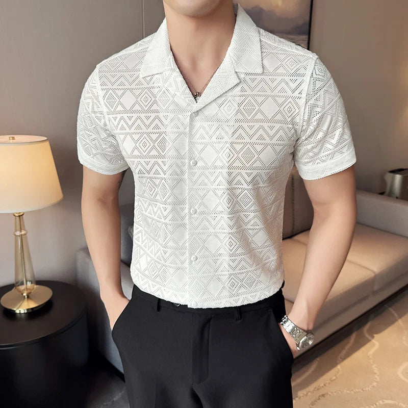 Summer Sexy Hollow Lace Shirts For Men Korean Luxury Clothing Men's Social Shirt Slim Fit Casual Breathable Blouse Homme BigSize  Amaijoin