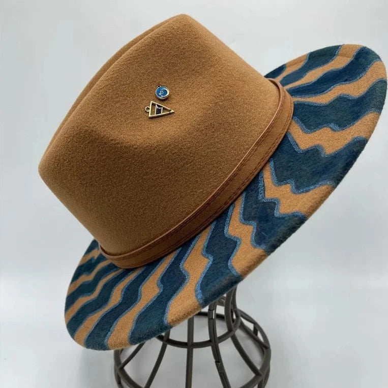 Hand-painted Fedora Hat Men's and Women's Hat Panama Spring Autumn Fashion with Wrapped Feather Wool Fedora Hat Big Brim  Amaijoin