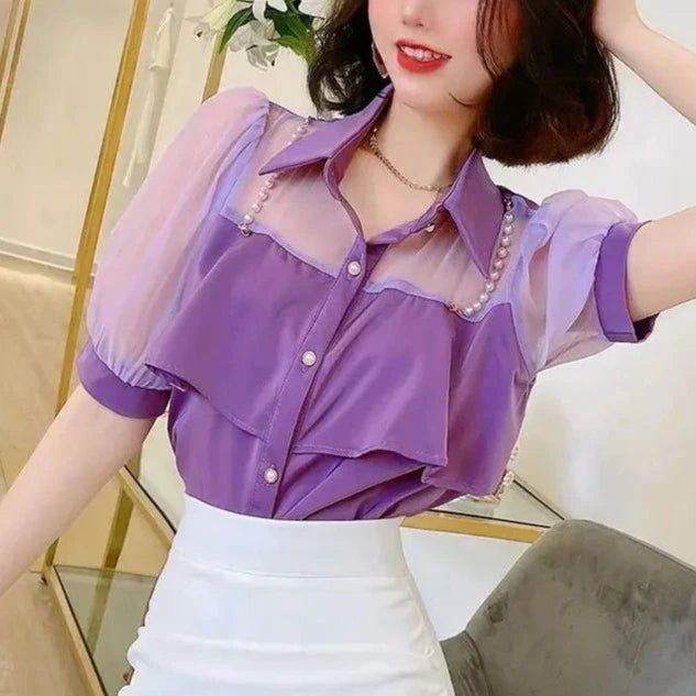 Button Up Womens Shirt & Blouse White Clothes Chiffon Black Tops for Women Short Sleeve Yellow Tunic 2024 Luxury Designer Cool S  Amaijoin