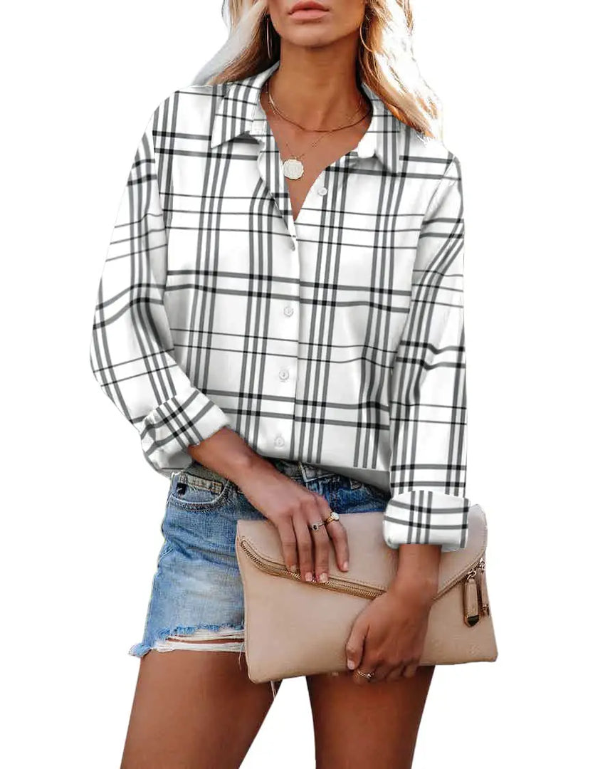 2024 Women's Shirt Blouse Striped classic Print,Button Long Sleeve Casual  No pockets Daily Basic Shirt Fall & Winter Tops  Amaijoin