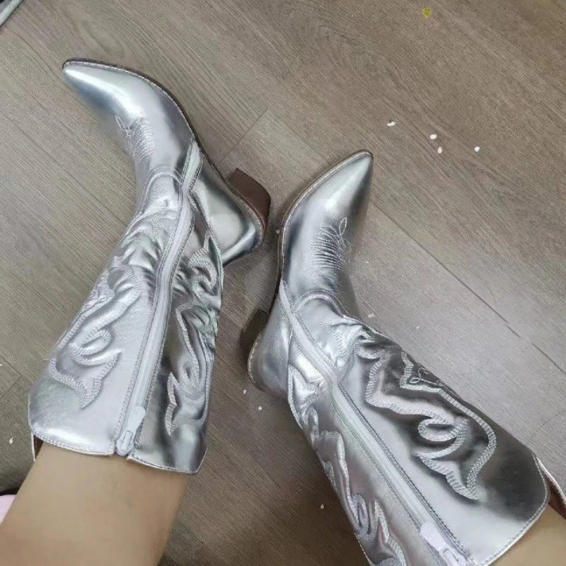 Gold Mid-calf Boots Woman Side Zipper Silver Pointed Western Cowboy Boots Retro Fashion Black Boots Plus Size 36-43 Women Boots  Amaijoin