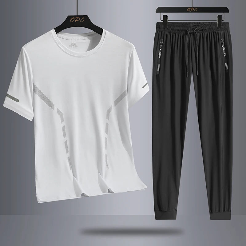 Men's quick drying short sleeved T-shirt sports set summer round neck top ice silk quick drying pants two-piece fashionable new  Amaijoin