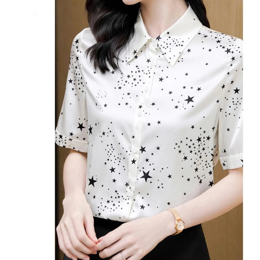 Birdtree 19MM 89.2%Mulberry Silk Summer Women Star Print Shirt Short Sleeve Elegant Fashion Women's Stand Collar Top T38644QD  Amaijoin