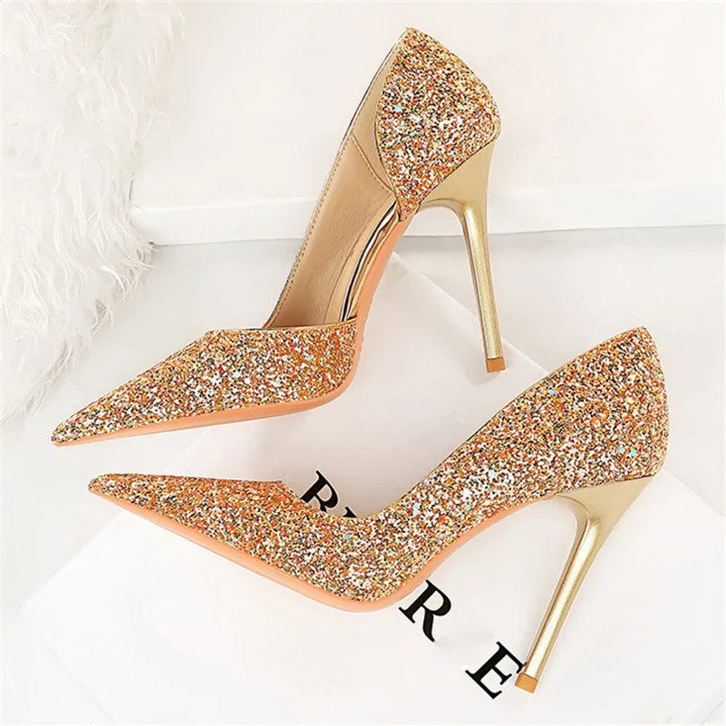 Women 7cm 10.5cm High Heels Elegant Blue Pumps Sexy Sequins Bling Mid Heels Lady Scarpins Luxury Stiletto Sparkly Party Shoes  Amaijoin