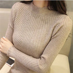 Load image into Gallery viewer, ITOOLIN Women Long Sleeve Knitted Bottoming Solid Pullovers Stripe Casual Sweater Autumn Winter Women Mock Neck Ruffles Sweater  Amaijoin
