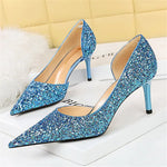 Load image into Gallery viewer, Women 7cm 10.5cm High Heels Elegant Blue Pumps Sexy Sequins Bling Mid Heels Lady Scarpins Luxury Stiletto Sparkly Party Shoes  Amaijoin
