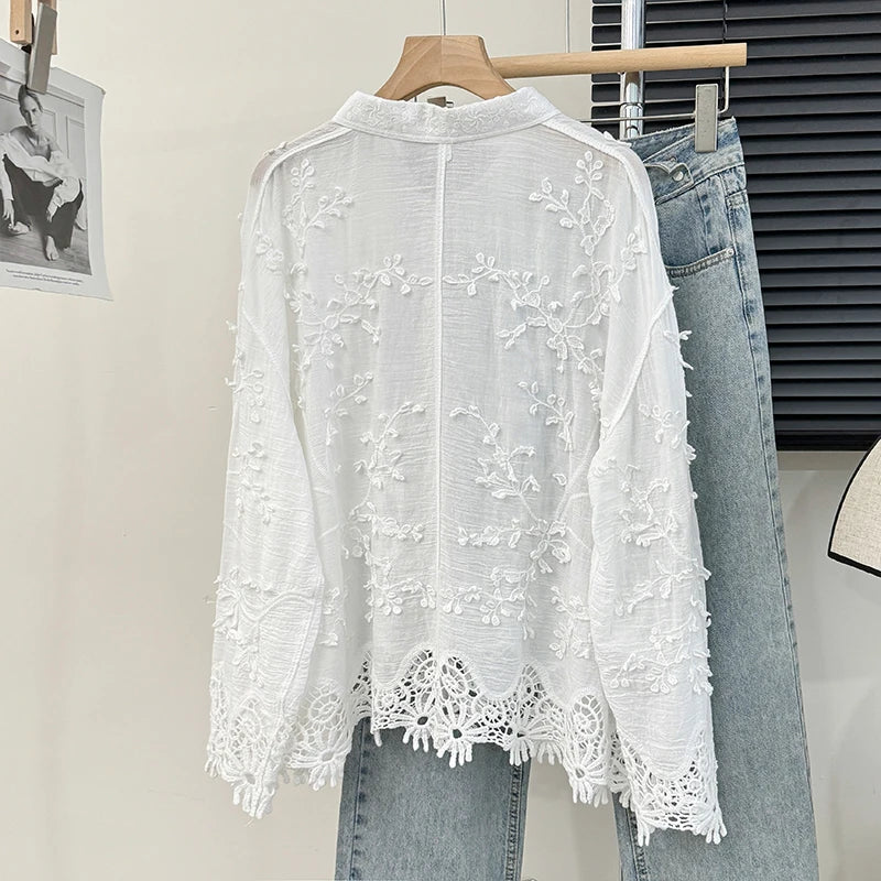 Embroidery Stereo Jacquard Gentle Blouses Single-breasted Lace Patchwork Age Reducing Blusas 2024 Spring Autumn New Chic Shirts  Amaijoin