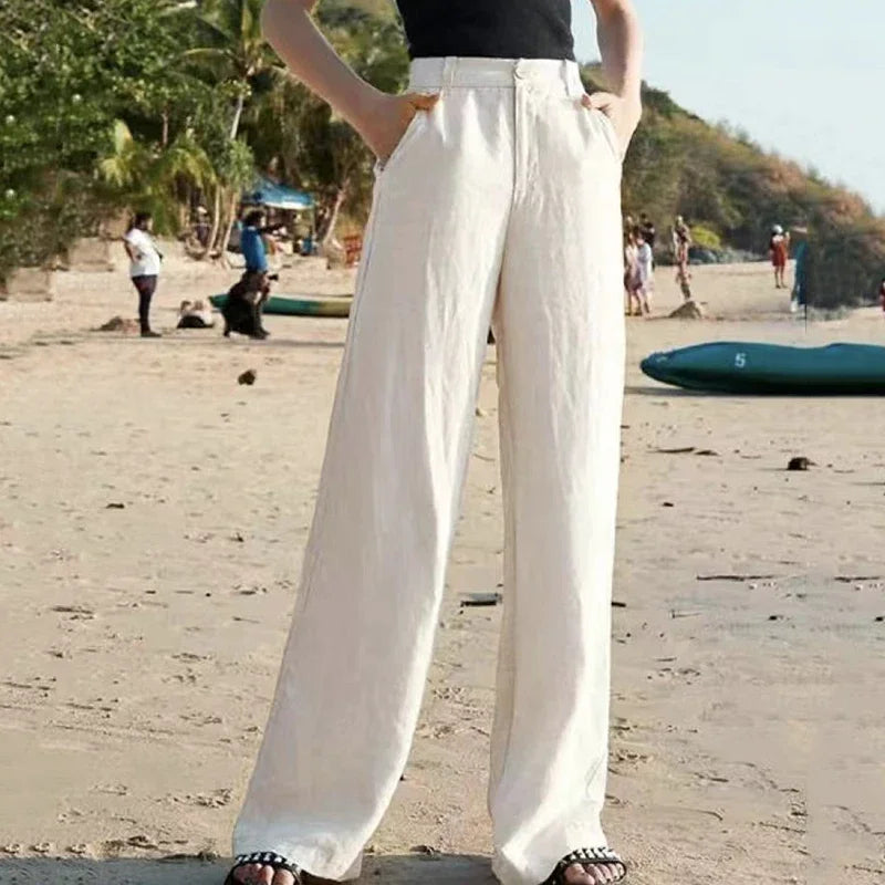 Summer Baggy Cotton Linen Pants Women Elegant High Waist White Wide Leg Pants Woman Casual Loose Straight Full Trousers Female  Amaijoin