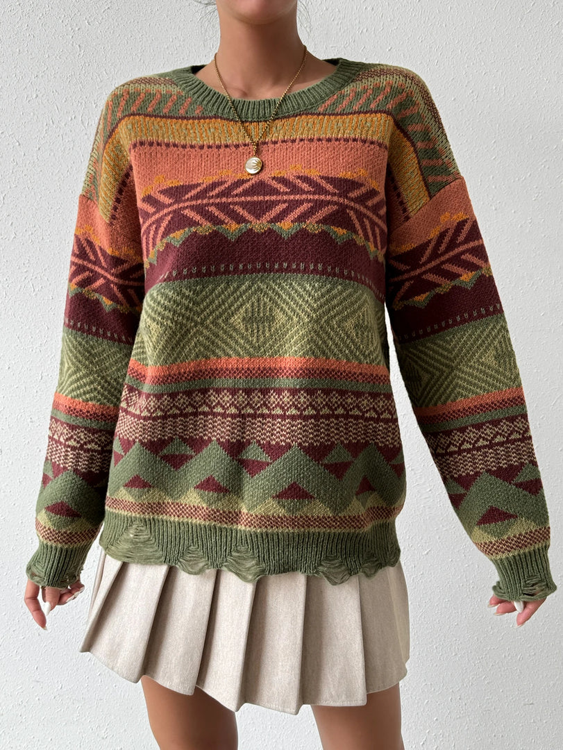 Tribal Pattern Crew Neck Pullover Sweater  Casual Ripped Long Sleeve Sweater  Women's Clothing  Amaijoin