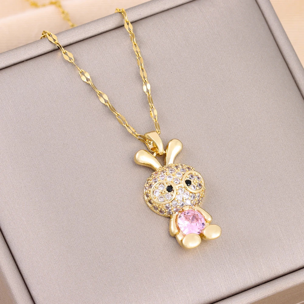 New In Sparkling Sweet Sexy Zircon Crystal Rabbit Pendant Necklaces For Women Trendy Ladies Stainless Steel Neck Chain Jewelry  Amaijoin