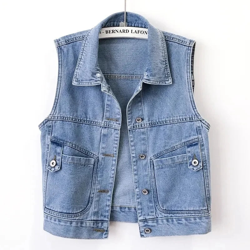 Short Hooded Denim Vest Jackets Women Spring Autumn Pocket Jean Waistcoat Sleeveless Tank Schoolgirl Outerwear Casual Tops Vest  Amaijoin