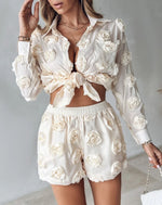 Load image into Gallery viewer, Two Piece Set Women Outfit 2024 Flower-Embroidery Detail Buttoned Turn-Down Collar Shirt &amp; High Waist Pocket Design Shorts Set  Amaijoin
