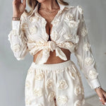 Load image into Gallery viewer, Two Piece Set Women Outfit 2024 Flower-Embroidery Detail Buttoned Turn-Down Collar Shirt &amp; High Waist Pocket Design Shorts Set  Amaijoin
