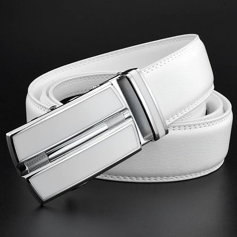 Elegant White Color Men Women Unisex Leather Belt Genuine Leather Automatic Buckle 3.5cm Width Men Waist Straps for Jeans  Amaijoin