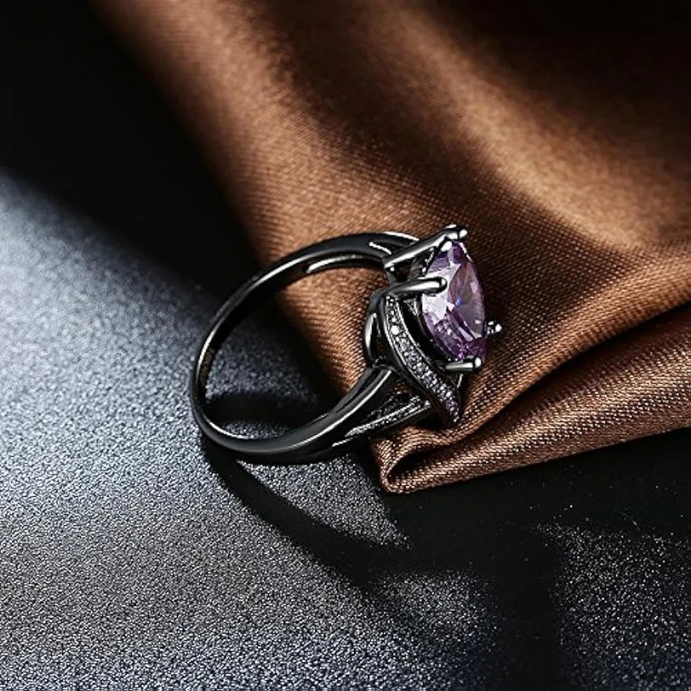 Romantic 18K Black Gold Plated Promise Band Ring Wedding Purple Heart Cubic Zirconia Rings for Women  Amaijoin