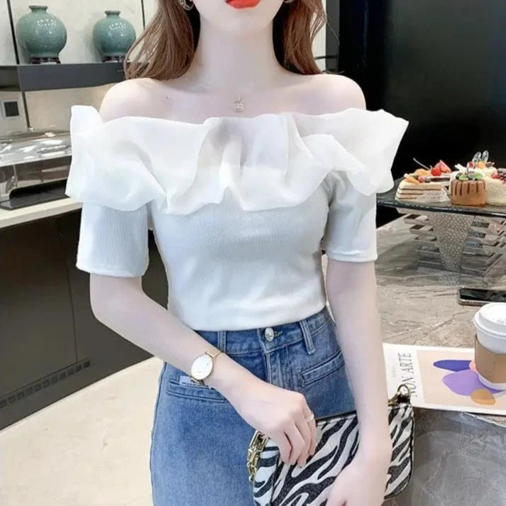 Off Shoulder Top Sexy Exposed Clavicle Ruffled Short Sleeve T-shirt Female Summer Chic Elegant Blouses Niche Fairy Kawaii Tops  Amaijoin