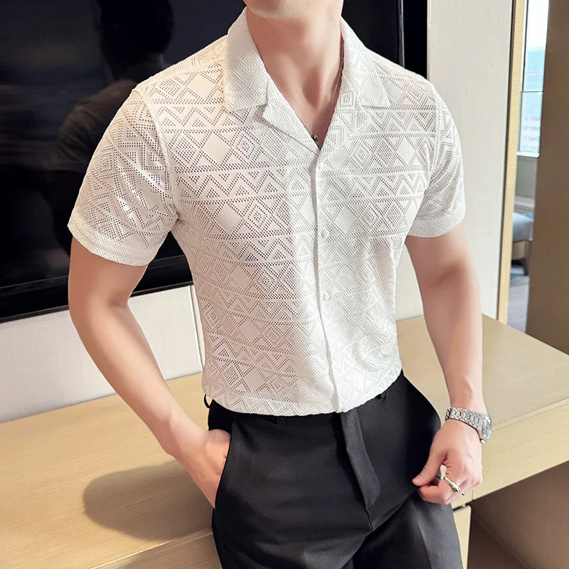 Summer Sexy Hollow Lace Shirts For Men Korean Luxury Clothing Men's Social Shirt Slim Fit Casual Breathable Blouse Homme BigSize  Amaijoin