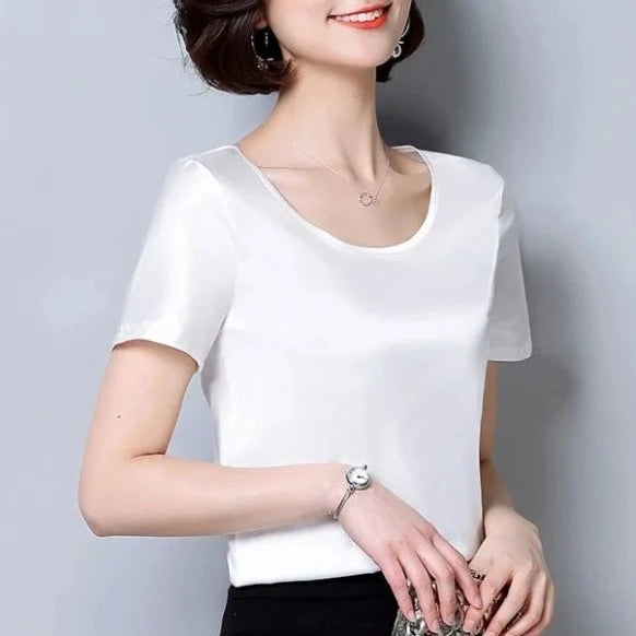 New outer wear silk round neck sling top satin short-sleeved stretch T-shirt large size bottoming shirt women  Amaijoin