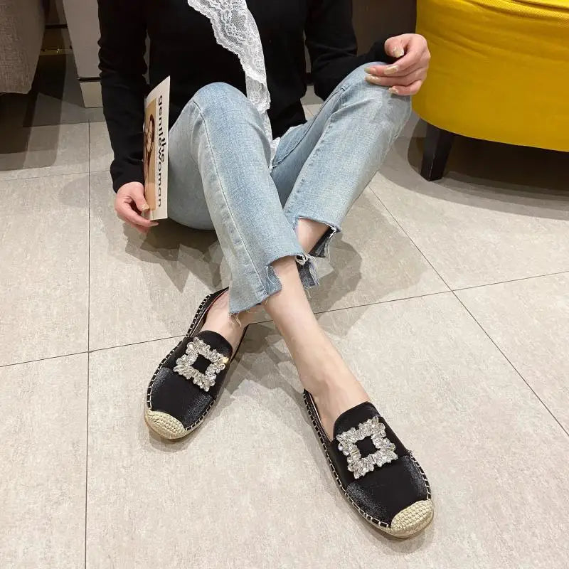 Luxury Satin Silk Espadrille Moccasins Woman Big Square Crystal Buckle Loafers Ladies Brand Design Elegant Slip-on Fishman Shoes  Amaijoin