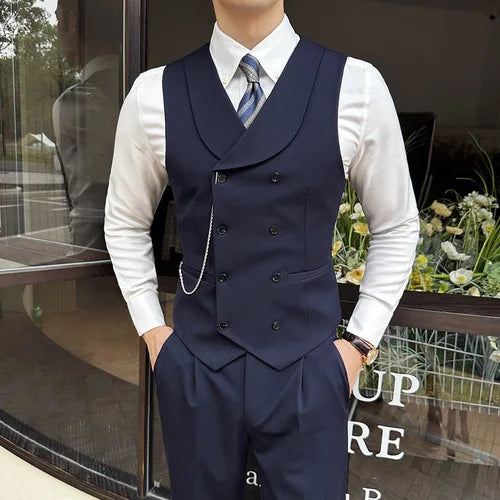 High Quality Autumn Double Breasted Suit Vest Men Business Formal Sleeveless Vest Slim Fit Wedding Groom Banquet Party Waistcoat  Amaijoin