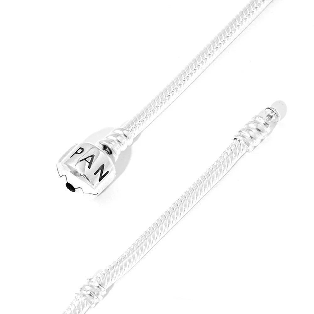 Pandora S925 Silver Classic letter Square Head Buckle Moments Snake Chain Braceletsimple Fashion DIY Bracelet with Cloth Bag  Amaijoin