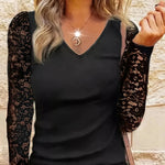 Load image into Gallery viewer, Women Fashion Solid Color Tee Shirts Casual V Neck Full Long Sleeve Shirts Ladies Basic Chic Lace T-Shirt  Amaijoin
