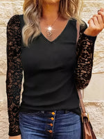 Load image into Gallery viewer, Women Fashion Solid Color Tee Shirts Casual V Neck Full Long Sleeve Shirts Ladies Basic Chic Lace T-Shirt  Amaijoin
