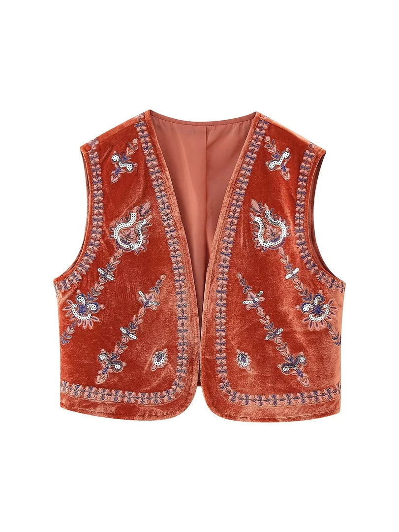 KAOPU ZA Women's Vintage beaded embroidered velvet vest top Jacket Women's casual spring vest coat  Amaijoin